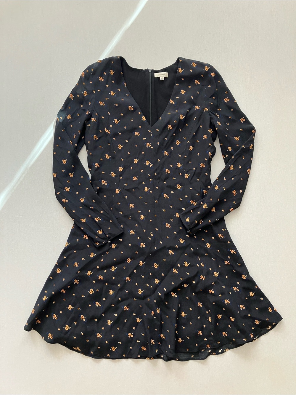 Wilfred Black V-Neck Dress with Orange Floral Motif